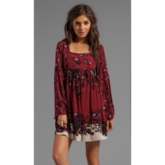 RARE Free People Floral Burgundy Bell Slv Mini Dress | Grunge Fairy Whimsigoth S - Picture 2 of 16